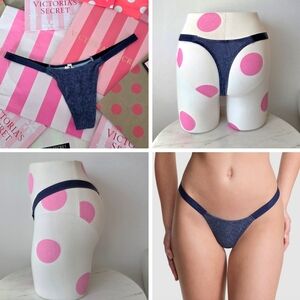 Victoria's Secret PINK Sparkly Logo Waistband Low rise Thong Panty NWT Denimblue